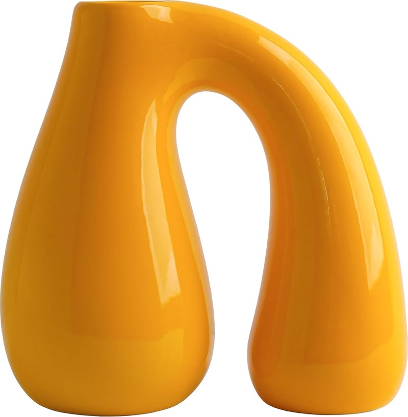 PROBENEX Yellow Ceramic Decorative Pitcher Vase, 7.5 in – Glossy Sculptural Arch-Handle, Modern Home Décor Accent for Fresh or Dried Floral Arrangements, Table/Shelf/Entryway, Giftable - Image 1